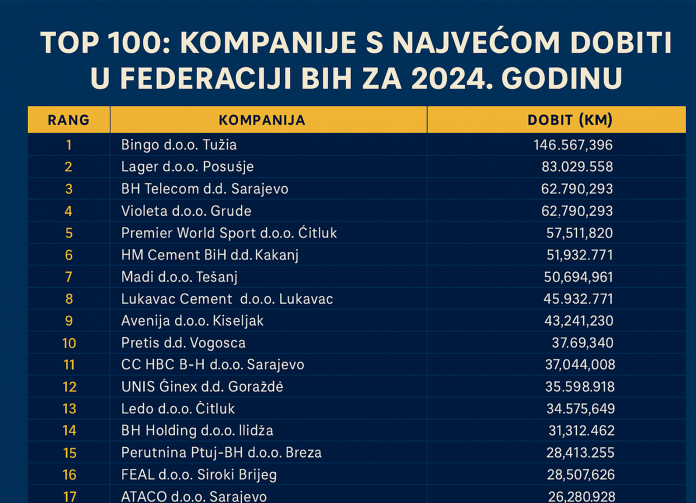 TOP 100: Kompanije s najvećom dobiti u Federaciji BiH za 2024. godinu