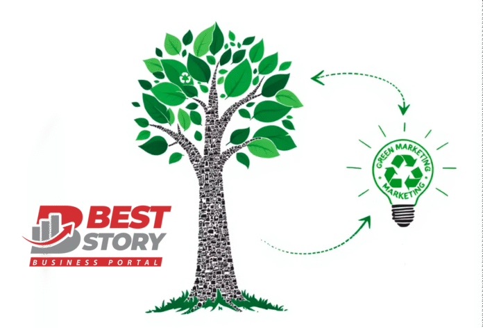 Ilustracija zelenog marketinga – drvo sa zelenim lišćem i ekološka sijalica s reciklažnim simbolom